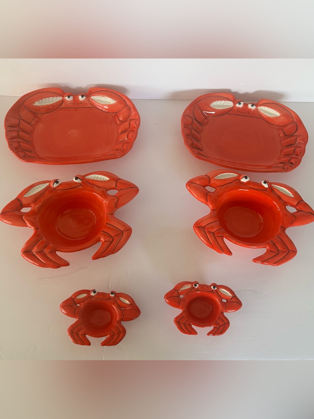 Vintage Crab-Shaped Red Ceramic Dinnerware Set of 6 Coastal Serveware